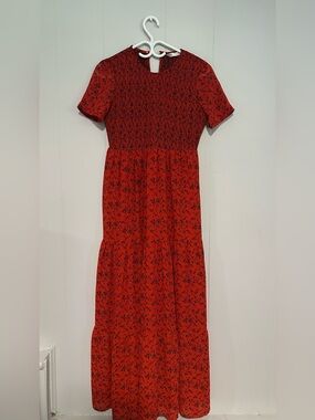 Zara Red Floral Smocked Maxi Dress